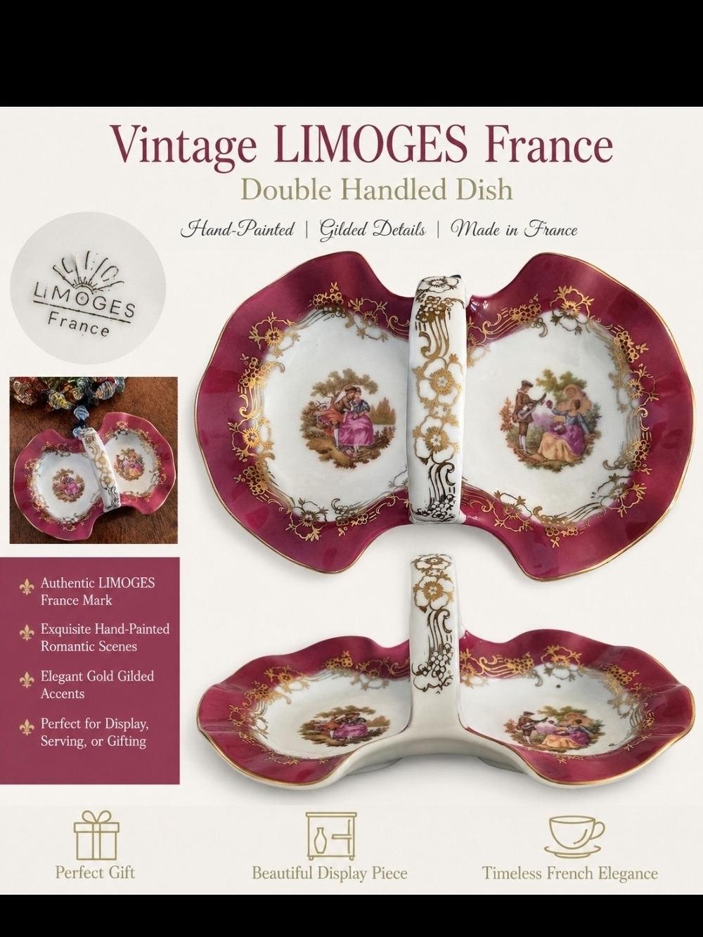 Limoges Double-Handled Serving Dish in Burgundy, White and Gold